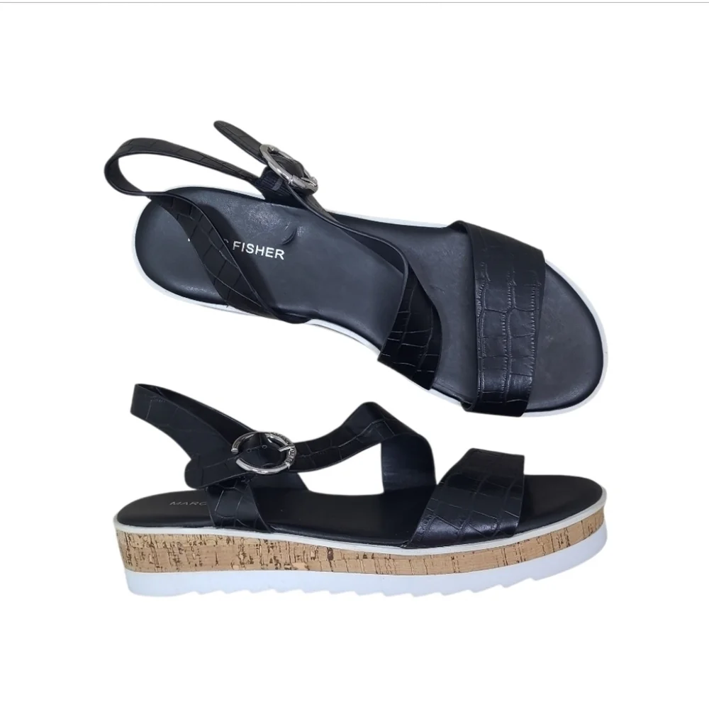 Marc Fisher Grandie Wedge Sandal Black Croc Print Size 9.5 M - Picture 1 of 11